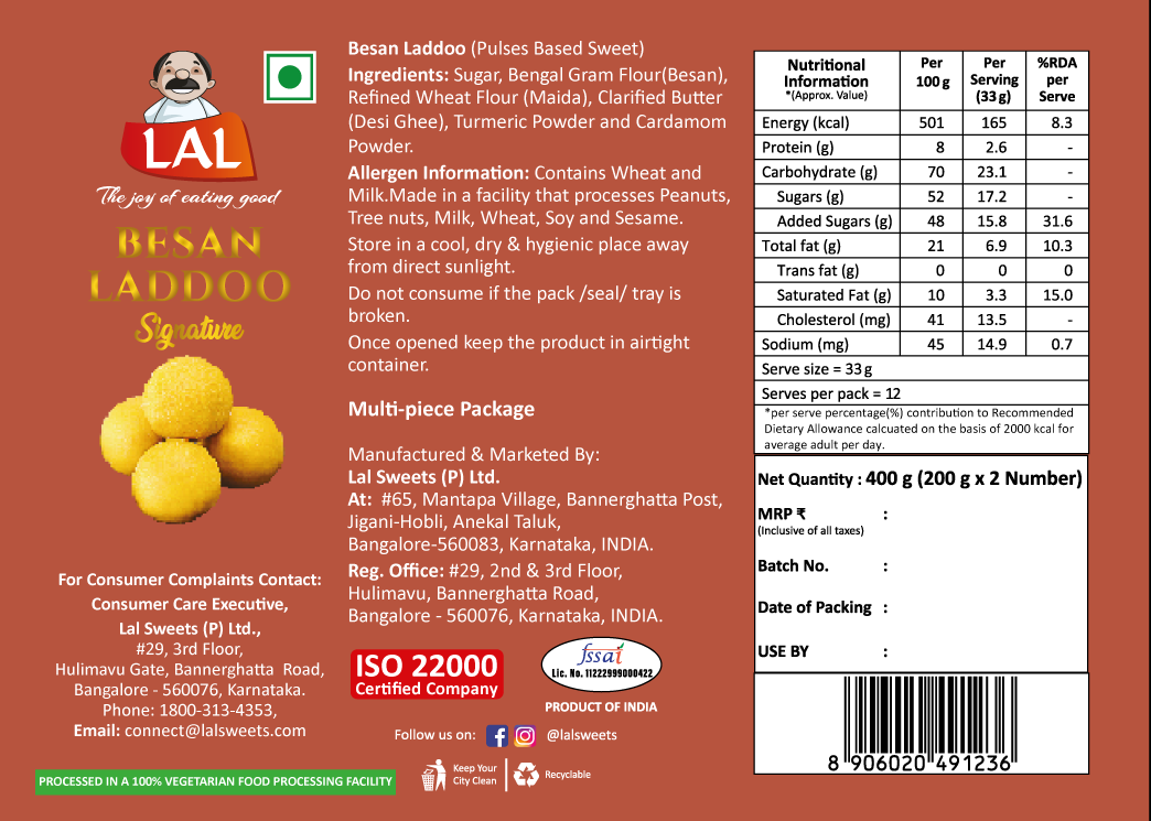Lal Sweets Besan Laddoo Premium - 400gms