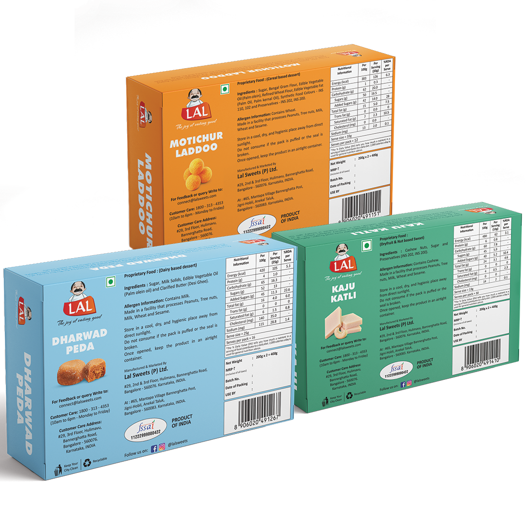 Lal Motichur Laddoo 400g, Dharwad Peda 400g and kaju katli 400g
