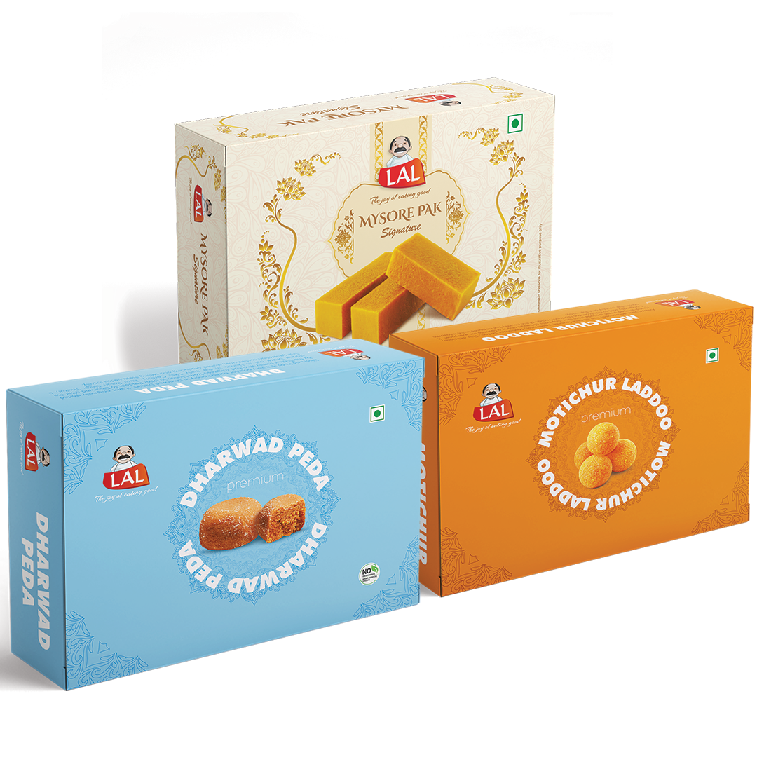 Mysore pak signature 400g, Dharwad peda 400g and Motichur laddoo 400g