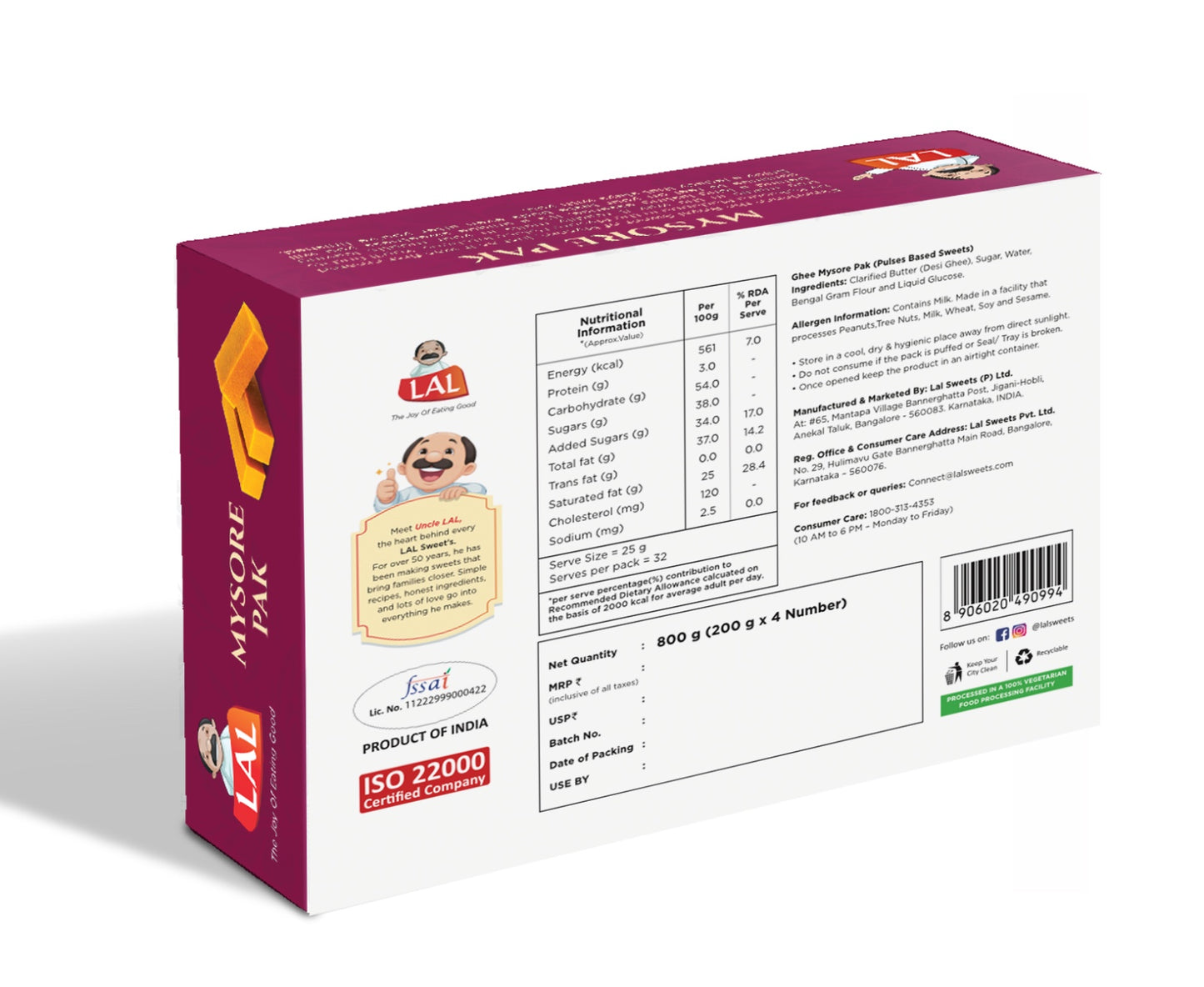 Lal Sweets Ghee Mysore Pak Signature - 800g