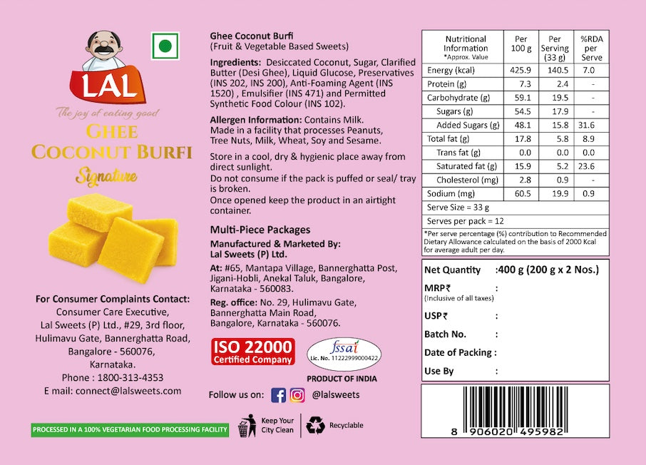 Lal Sweets Ghee Coconut Burfi 400g | Made with Pure Desi Ghee