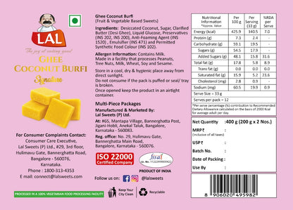 Lal Sweets Ghee Coconut Burfi 400g | Made with Pure Desi Ghee