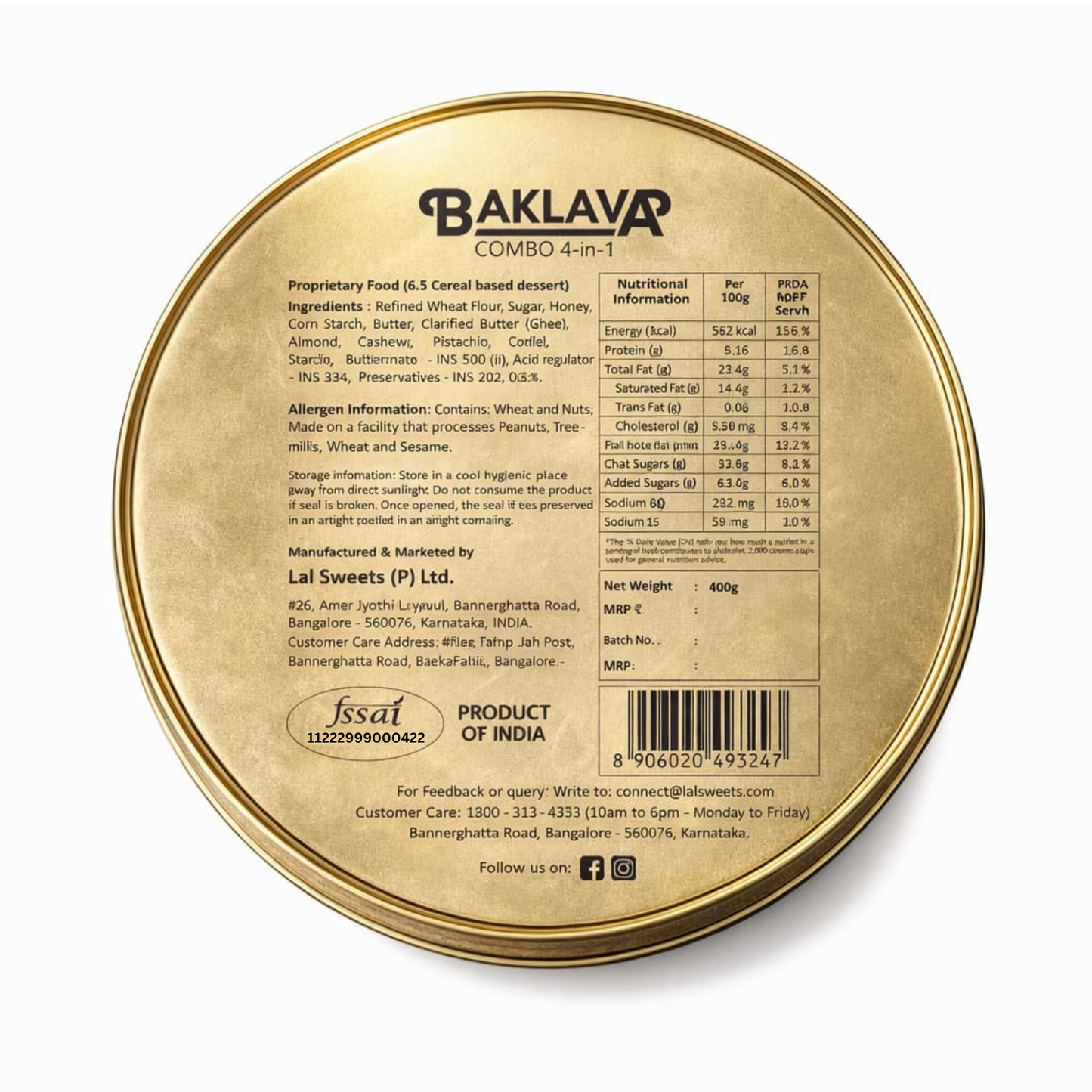 Lal Sweets Baklava Tin 400g