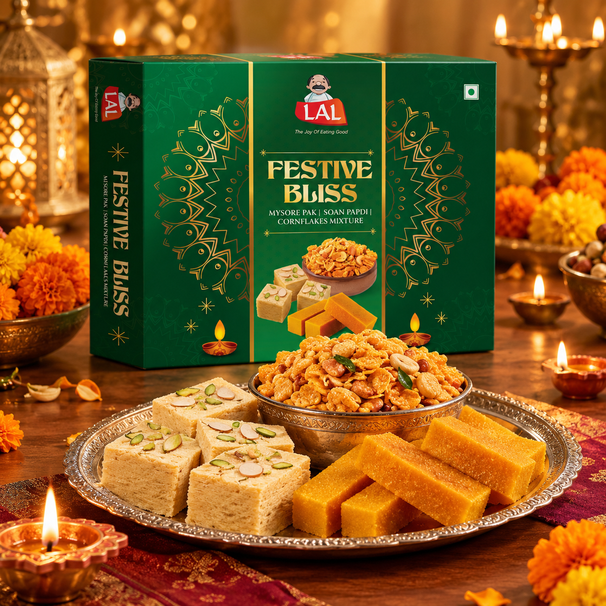 Lal Sweets Festive Bliss 550g | Includes Mysore Pak and Soan Papdi 200g Each and Cornflakes Mixture 150g