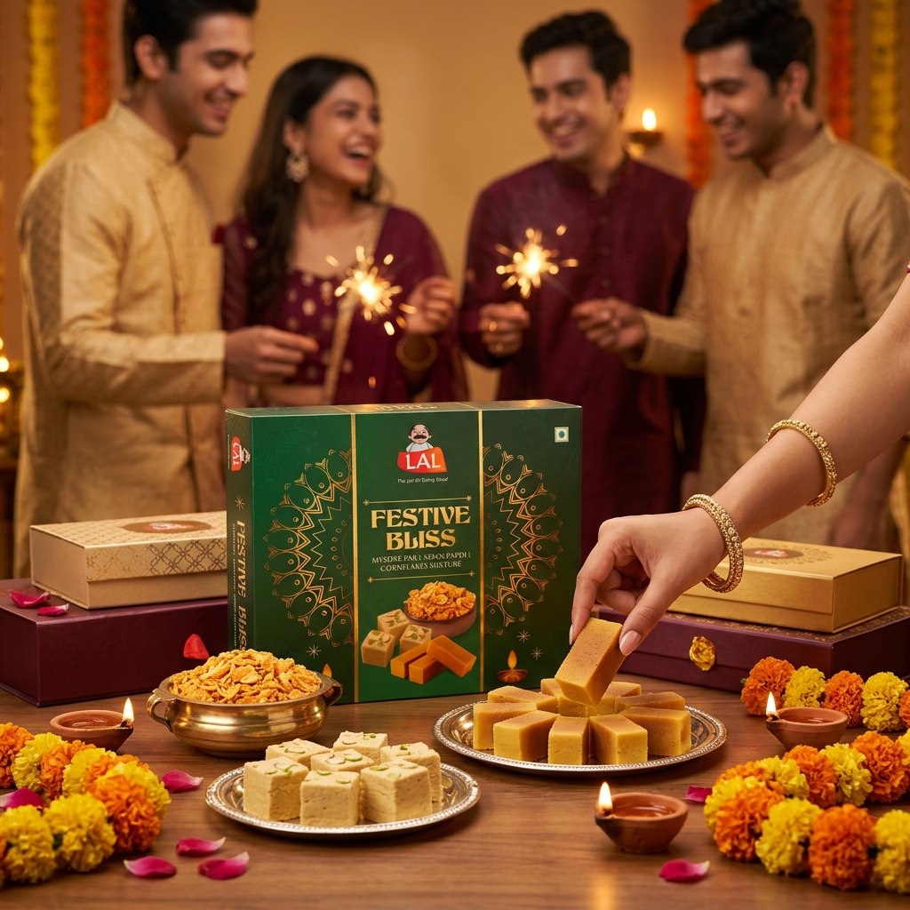 Lal Sweets Festive Bliss 550g | Includes Mysore Pak and Soan Papdi 200g Each and Cornflakes Mixture 150g