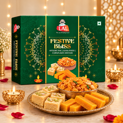 Lal Sweets Festive Bliss 550g | Includes Mysore Pak and Soan Papdi 200g Each and Cornflakes Mixture 150g