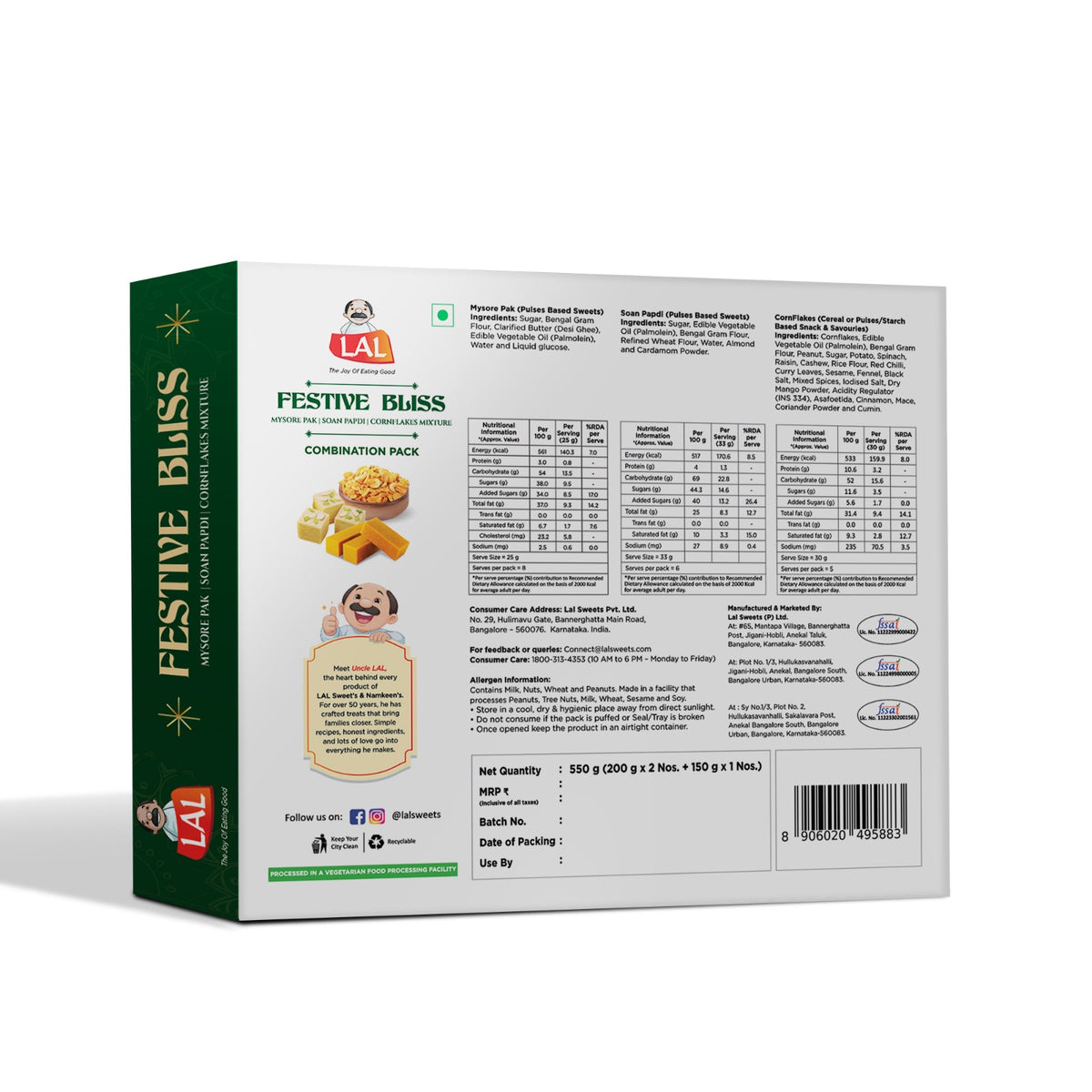 Lal Sweets Festive Bliss 550g | Includes Mysore Pak and Soan Papdi 200g Each and Cornflakes Mixture 150g