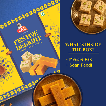 Lal Sweets Festive Delight 400g – Mysore Pak 200g & Soan Papdi 200g | Festive Sweet Gift Box
