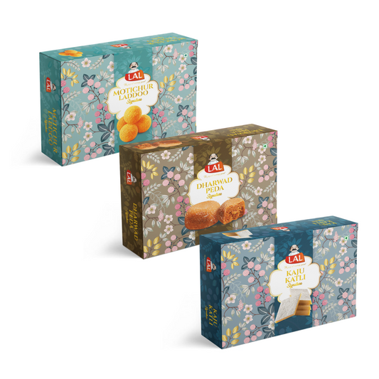 Lal Motichur Laddoo 400g, Dharwad Peda 400g and kaju katli 400g