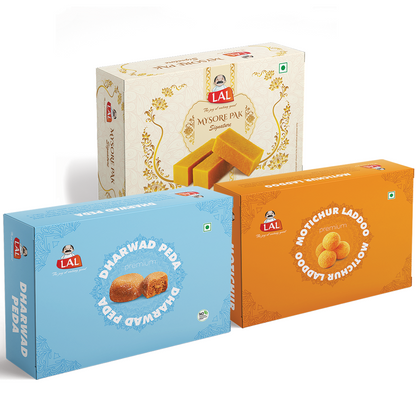 Mysore pak signature 400g, Dharwad peda 400g and Motichur laddoo 400g