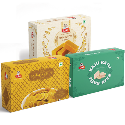 Mysore pak signature 400g, Banana chips salted 250g and Kaju katli 400g