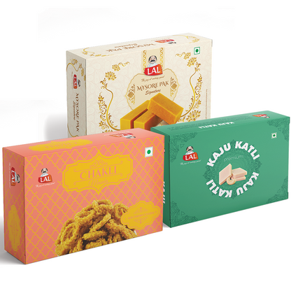 Mysore pak signature 400g, Chakli masala 250g and Kaju katli 400g