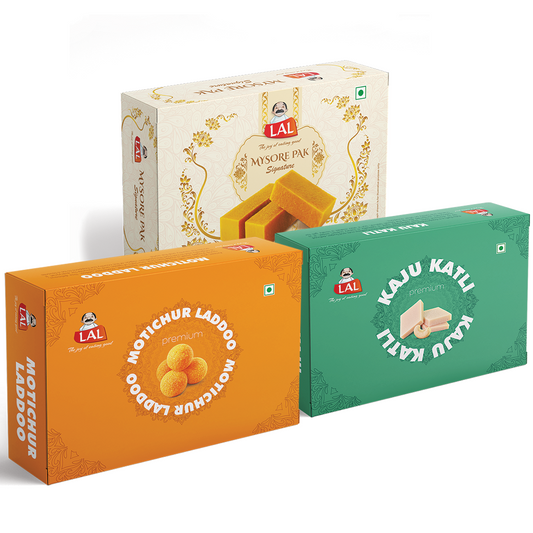 Mysore pak signature 400g, Motichur laddoo 400g and Kaju katli 400g