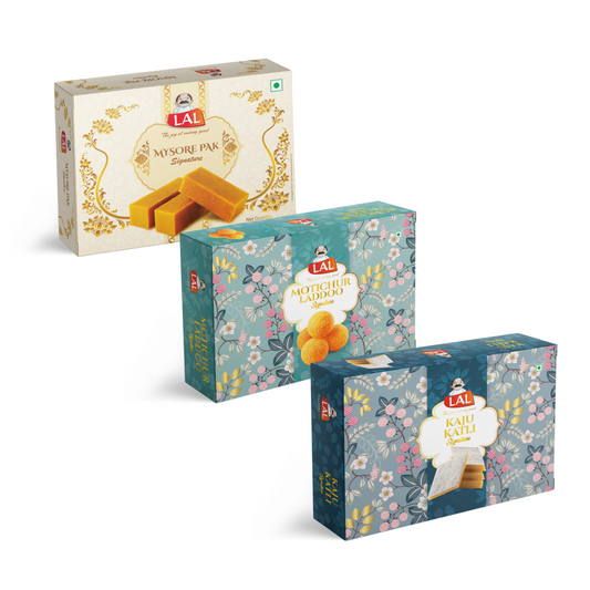 Mysore pak signature 400g, Motichur laddoo 400g and Kaju katli 400g