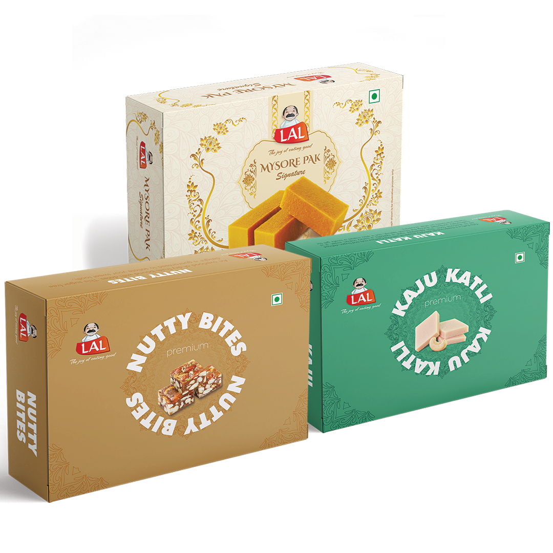 Mysore pak signature 400g, Nutty bites 400g and Kaju katli 400g