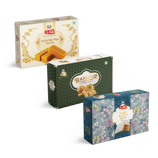 Mysore pak signature 400g, Baklava Combo 4 in 1(650g) and Kaju katli 400g
