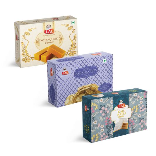 Mysore pak signature 400g, Banana chips pepper 250g and Kaju katli 400g