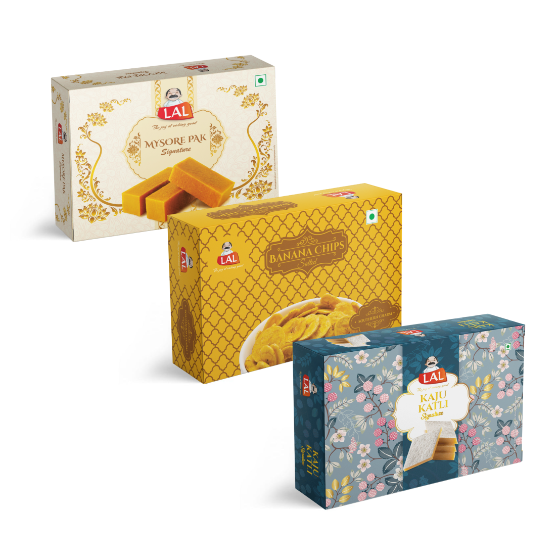 Mysore pak signature 400g, Banana chips salted 250g and Kaju katli 400g