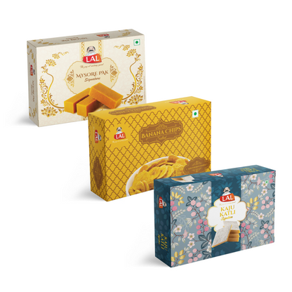 Mysore pak signature 400g, Banana chips salted 250g and Kaju katli 400g