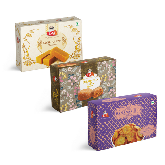 Mysore pak signature 400g, Dharwad peda 400g, Banana chips masala 250g
