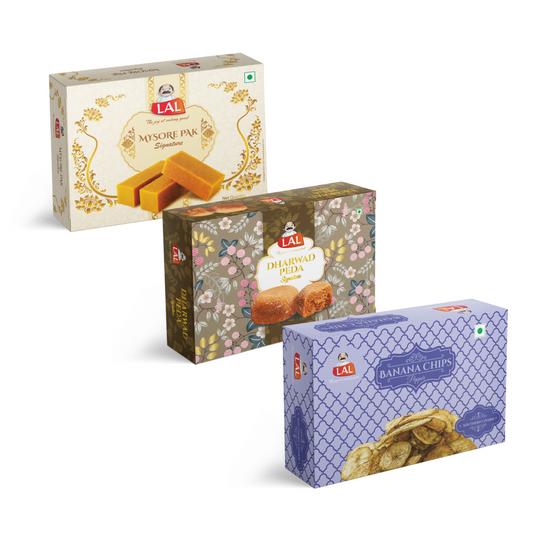 Mysore pak signature 400g, Dharwad peda 400g, Banana chips pepper 250g