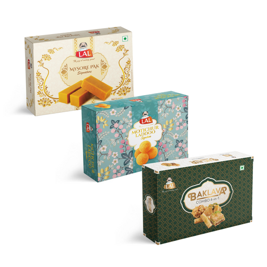 Mysore pak signature 400g, Motichur Laddoo 400g and Baklava (combo 4 in 1) 650g
