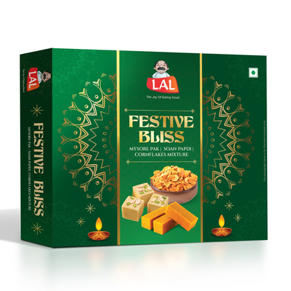 Lal Sweets Festive Bliss 550g | Includes Mysore Pak and Soan Papdi 200g Each and Cornflakes Mixture 150g