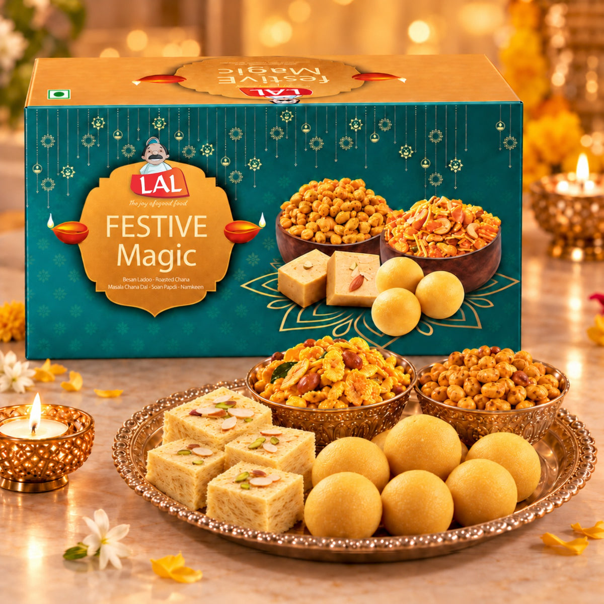 Lal Sweets Festive Magic 700g | Includes Soan Papdi and Besan Ladoo 200g Each | Masala Penuts &Cornflakes mixtures 150g Each