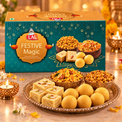 Lal Sweets Festive Magic 700g | Includes Soan Papdi and Besan Ladoo 200g Each | Masala Penuts &Cornflakes mixtures 150g Each