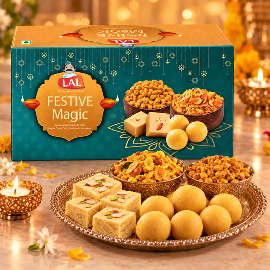 Lal Sweets Festive Magic 700g | Includes Soan Papdi and Besan Ladoo 200g Each | Masala Penuts &Cornflakes mixtures 150g Each